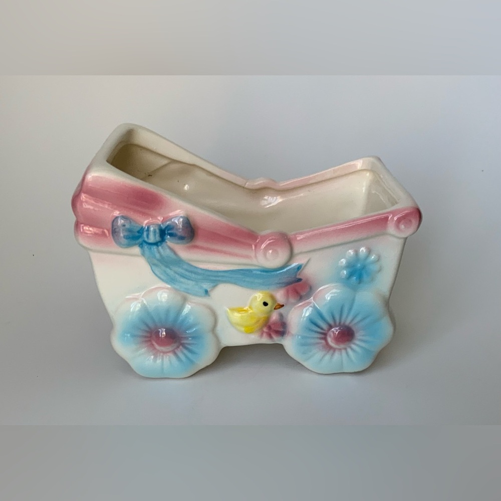 Vintage Ceramic Baby Carriage Planter - Pink, Blue, Yellow